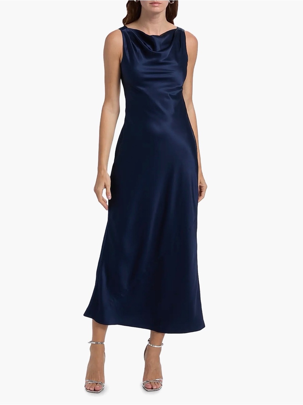 NWT Reformation Corey Navy Satin Cowl Neck Midi Dress Danube